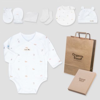 오가닉붐 신생아용 말띠해 스냅 배냇 바디슈트 + 모자 + 턱받이 + 손싸개 + 양말 + 손수건 + 쇼핑백 + 상자 세트
