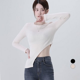 Awesomearound 女款不對稱斜側下擺羅紋長袖上衣