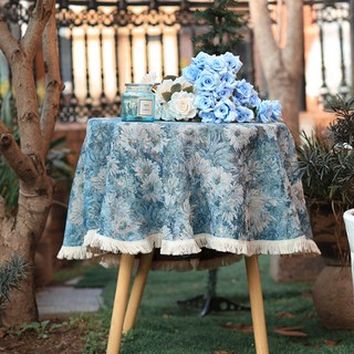 Homely Zakka 美式氛圍感加厚棉麻緹花圓桌巾, 水墨藍花, 1個, 120cm