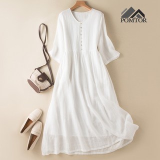 POMTOR 여름 여성 빅사이즈 브이넥 면 미디엄 슬리브 원피스