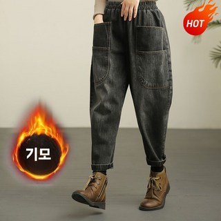 촹싱유푸이 간절기 여성용 빅사이즈 밴딩 청바지 캐주얼 데님팬츠 간절기 기모 청바지 스판 중년여성 오버핏 데님팬츠