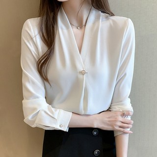 아이도스 여성 고급 패션 셔츠 새틴 쉬폰 긴팔 오피스 정장 블라우스 빅 사이즈 흰색