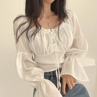 가을 섹시 프렌치 감성 쉬폰 긴팔 블라우스 여신 퍼프