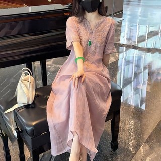 삼제태전 여름 여성 루즈핏 홈웨어 데일리룩 브이넥 반팔자수 면마 루즈핏 롱 원피스 중년 여성 캐주얼 산책복 엄마 핑크 원피스