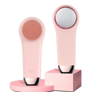 WEKILI 진동클렌저 실리콘 브러시 온열 쿨링 전동 세안기 도입식 휴대용 방수 마사지기 3IN1, 핑크