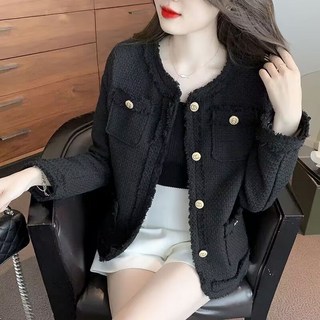 여성 가을 아우터 캐주얼 루즈핏 노카라 싱글 골드 버튼 트위드 자켓 여자 숏자켓 코트