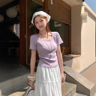 POMTOR 스퀘어 네크라인 정숄더 반팔 여성 티셔츠