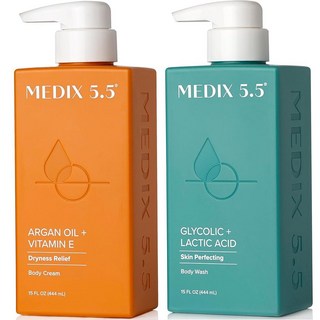 142344 Medix 5.5 글리콜산 각질 제거 페이스 & 바디 워시 클렌저 + 아르간 오일 모이스처라이징 크림 로션 2피스 스킨 케어 세트 | 알파 하이드록시산 및 젖산 포