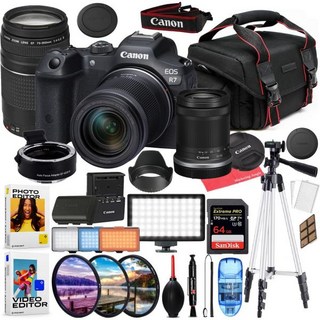 정품 RF-S 18-150mm 및 EF 75-300mm 렌즈 번들 키트 액세서리 패키지R 어댑터 LED 라이트 HD 필터 64GB 익스트림 SD 케이스 편집 소프트웨어 패키지