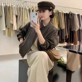 여성 트렌디 아이템 점퍼 집업 야구 항공 브라운 가죽 코트 재킷 숏 라이더 패션 빈티지 복 HT1