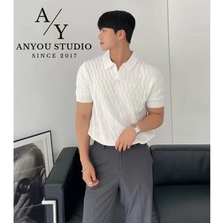 ANYOU 남성 반팔 니트 티셔츠 여름 셔츠 티셔츠 심플한 코디 카라 상의