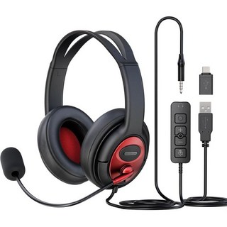 PC용 마이크가 있는 MAIRDI USB 헤드셋 노트북 팀용 마이크 노이즈 캔슬링이 컴퓨터 헤드셋 줌 오피스 업무용 콜센터 소프트폰 드래곤 자연스럽게 말하는 받아쓰기, Red, 3.5MM/USB-A/USB-C