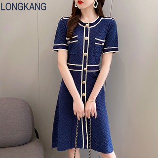LONGKANG 2022 년 여름 니트 원피스 통근 원피스