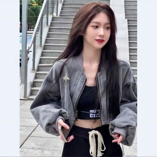 해피유통 숏 워싱 데님 코트 가을 루즈핏 긴팔 집업 가디건 자켓 LWJ