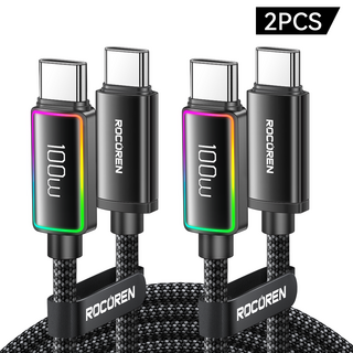 Rocoren c to c타입 고속 충전기케이블 PD100W 알루미늄 합금 조명 디스플레이 케이블 데이터 전송, 2개, Black, 1000mm