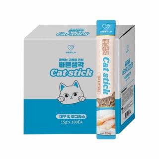 바른생각 캣 스틱 15gx100개 대구와 캣그라스 짜먹는츄르 고양이간식, 15g, 100개