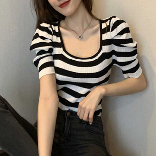 (4Color) 여성 봄 가을 퍼프 소매 스퀘어넥 반팔 골지 니트