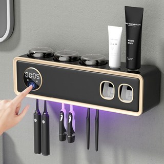 무선 스마트 UV 칫솔살균기 + 컵 건조기 일체형 칫솔걸이+치약 디스펜서 2개, 검은색