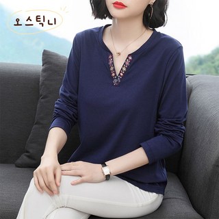 오스틱니 여성 봄가을 자수 V넥 긴팔 이너 셔츠