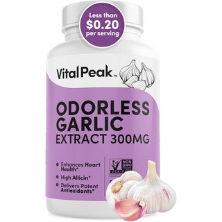 Vital Peak 마늘 영양제 추출물 무취 - 심장 간 면역 지원을 위한 알리신이 풍부한 300mg 허브 보충제 I 비유전 글루텐 프리 비건 90가지 캡슐, 90 Count (Pack of 1), 1개, 90정