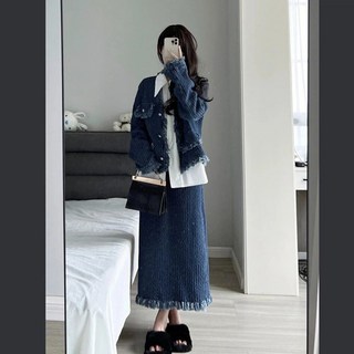시크한 디테일 데님재킷 롱스커트 투피스세트