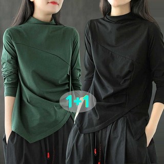 2세트 반폴라 불규칙 이너티 봄 가을 셔링 긴팔티 데일리 순색 무지 긴팔 티셔츠 상의 100KG까지 질좋은 편한 슬림핏 티셔츠