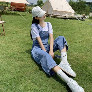감령 데님 멜빵바지 여 루즈핏 와이드 패션 9부 잔키 멜빵바지