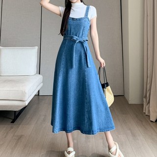 아이엠몽 여성 데님 스트랩 플레어 롱 원피스