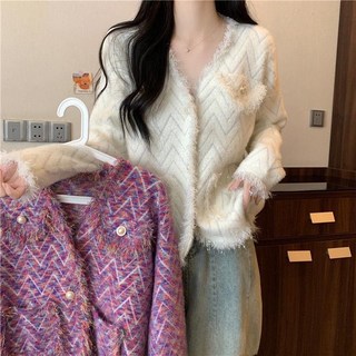 컬러풀 수술디자인 트위드 코트 가을겨울 신품 브이넥 프린트 도톰한 니트 가디건 패션 캐주얼 바람막이 자켓