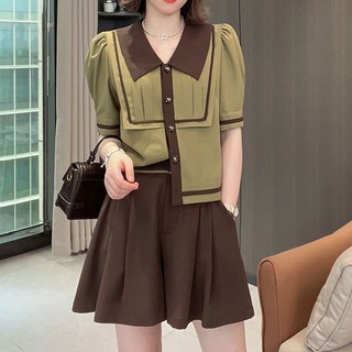PETITBATH 여름 여성 프레피 카라 퍼프 블라우스 플리츠 스커트 투피스세트 올리브브라운 WZS 1264