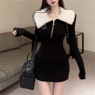TKX 미니 원피스 여성 가을 겨울 따뜻한 니트 혼방 드레스 패션 칼라 지퍼 디자인 슬림핏 스타일리쉬한 KC81