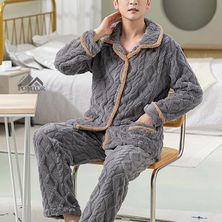 POMTOR 남성 가을겨울 빅사이즈 플란넬 잠옷 세트 남자 기모 파자마 홈웨어 투피스