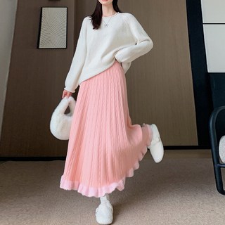 다이뻐 제작 백화점퀄리티 빅사이즈 44~88 아주부드러운 스판 하객패션 소프트 울모직 배색 풍성한 웨이브 a라인 골지 꽈베기 플레어 니트 롱스커트
