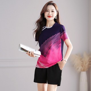 WEIHAN 여성 냉감 속건 반팔 반바지 트레이닝 세트 루즈핏 배드민턴복 캐주얼 상하의 투피스
