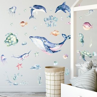 아기방 아이방 벽지스티커 벽스티커 키재기 포인트 인테리어 장식 꾸미기 데코스티커, 31.화려한고래와 친구들