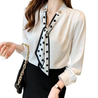 POMTOR 여성 루즈핏 넥타이 긴팔 셔츠 블라우스