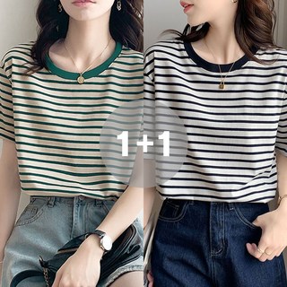 지디오 여성 스트라이프 반팔 티셔츠 1+1 라운드넥 줄무늬 여름 반팔티 2P