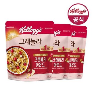 [켈로그] 대용량 크랜베리 아몬드 그래놀라 1200g x3개, 1.2kg, 3개