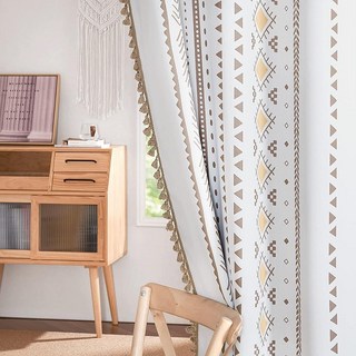 NICETOWN 화이트 보헤미안 커튼 213.4cm 84인치 길이 2패널 세트 그로밋 룸 다크닝 단열 옐로우 토프 마크라메 및 드레이프 거실 침실용 너비 132.1 x 52 패