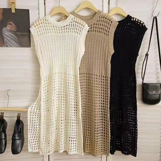 한그래 여름 화이트 니트 펀칭 민소매 레이어드 그물 원피스