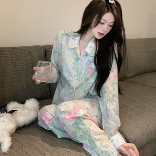 ROYALBELLE 여성 레이온 긴팔 잠옷 세트 프린트 홈웨어 긴팔+반바지 루즈핏 투피스 J042006