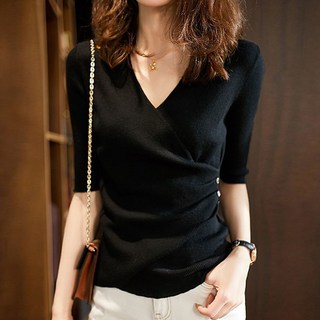 여성 상의 7부 반팔 브이넥 니트 티셔츠 블랙 여성니트반팔 7부니트(1081EA)