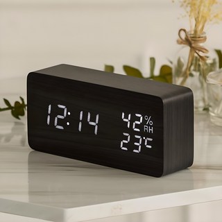 플라이토 우드 온습도 LED 탁상시계 + USB 어댑터, 블랙