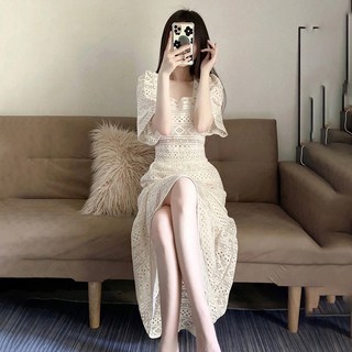 AOKADA 여성 레이스 원피스 스퀘어넥 롱 맥시