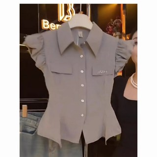 녕동 프릴 소매 블라우스 슬림 크롭 숏기장 쉬폰 반팔티 남방 셔츠 데일리룩