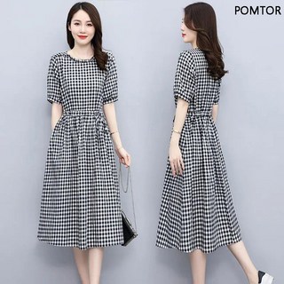 여성 여름 라운드넥 라운드넥 체크 롱원피스 허리띠를 졸라매다 빅사이즈 미디 반팔 원피스 날씬해 보이는치마