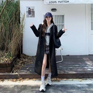 BLACK K7 여성 봄가을 슬림핏 블랙 더플 롱 트렌치코트