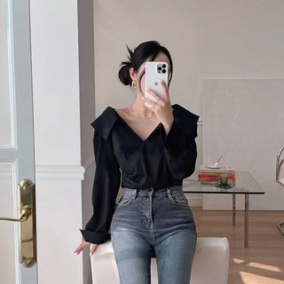 라라홀리 세미 오프숄더 청순 카라넥 허리 셔링 긴팔 셔츠