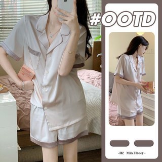 꽃소담 여성 실크핏 반팔 잠옷 세트 여름 홈웨어 파자마 상하의 세트