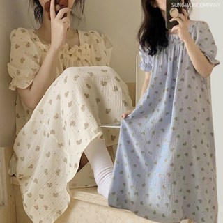 이너퀸 프리수 여성용 곰돌이 곰 스퀘어넥 퍼프 소매 반팔 원피스 잠옷 홈웨어 이지웨어 퍼프베어원피스